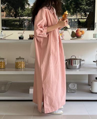 린넨 빅 포켓 롱 셔츠 원피스