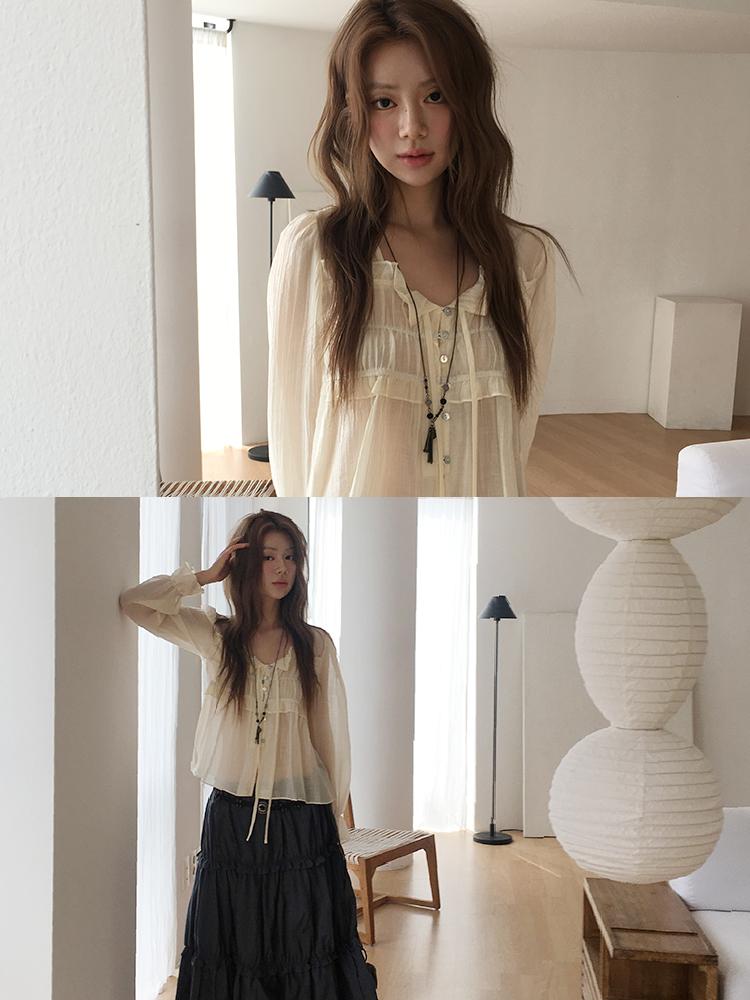 노비야카 [벚꽃룩🌸] Isabelle shirring blouse (cream, pink)  *주문시5~7일소요