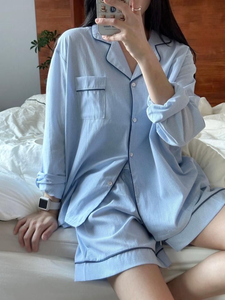 그릭 긴팔반바지 커플 면 잠옷 간절기 봄여름 여자 실내복 신혼 학생 홈웨어 집들이선물