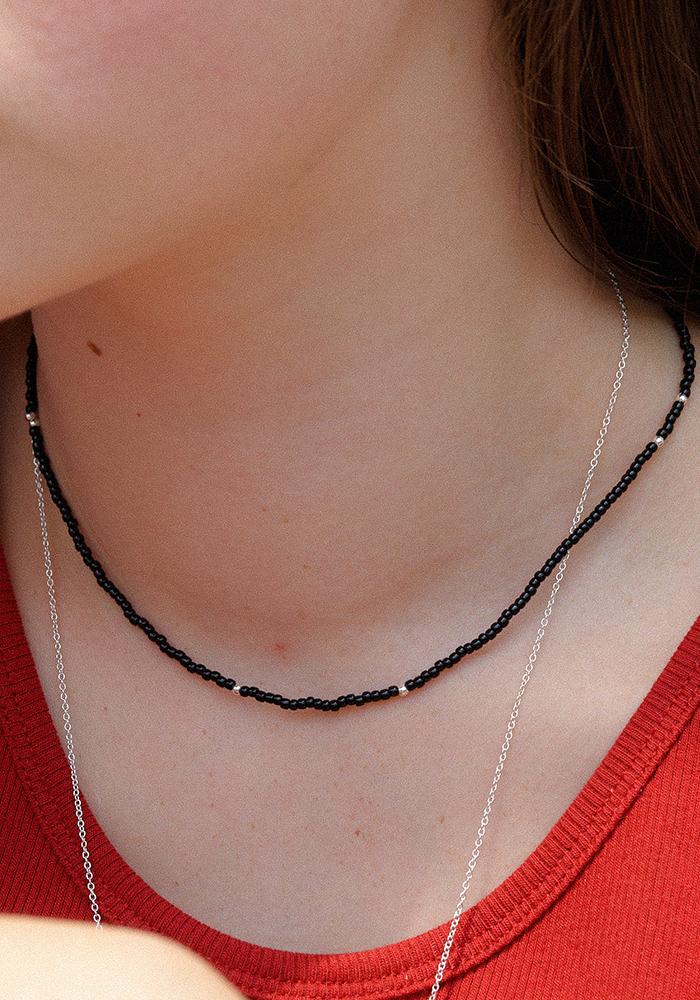 Black Beads Silver Ball Necklace