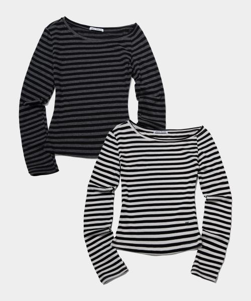 스트라이프 사이드 언발 원오프숄더 단가라 티셔츠 _2COLOR