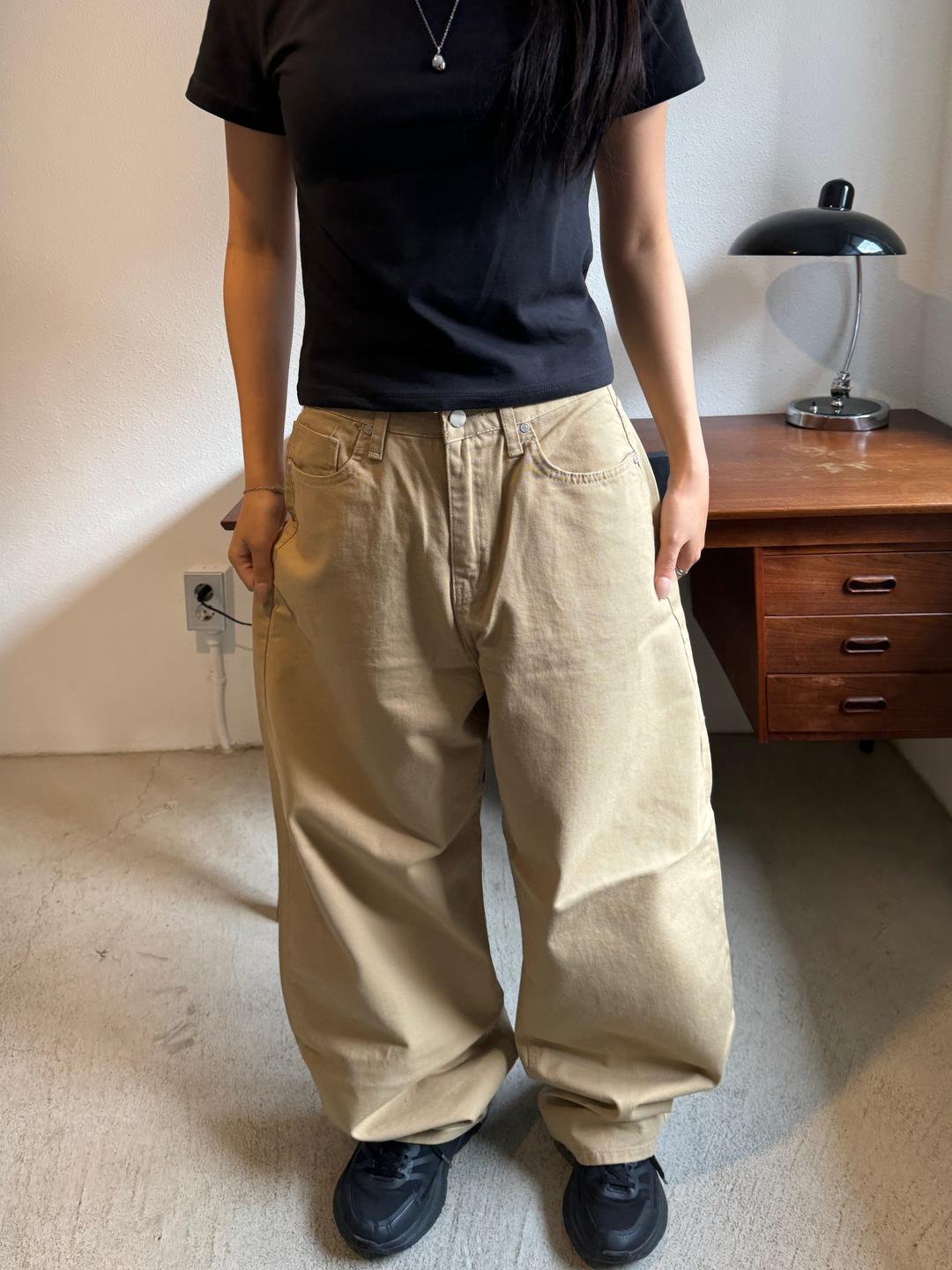 베이지 데일리 코튼 와이드 팬츠