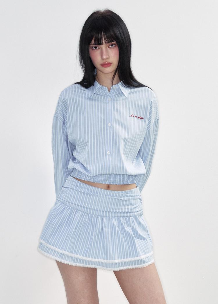 NS76 Dopamine Stripe Pullover Shirt & Lace Skirt Set-Up