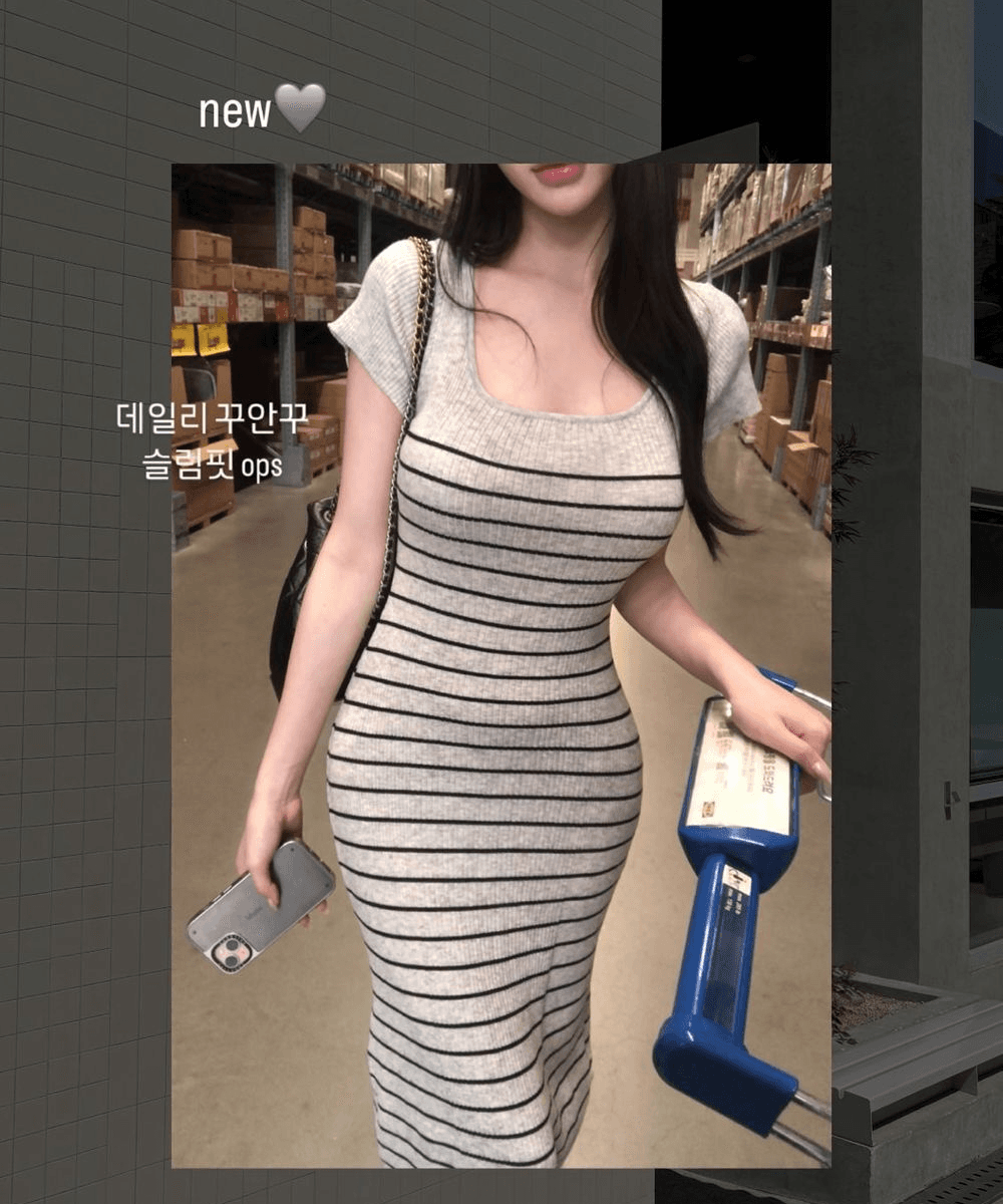 아이레브 [장원영착용/주문폭주🩷] 데일리 그레이 스트라이프 골지 롱 원피스