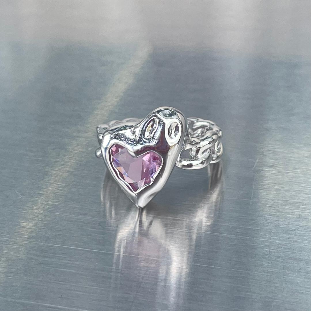 #0054 (925 silver) Asymmetrical pink heart ring