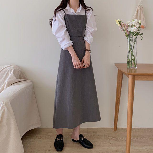 [끈조절 가능/하객룩] 모노 슬리브리스 나시 트임 A라인 롱원피스 (2color)_321g