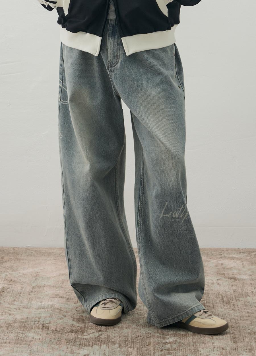 빈티지 프린팅 와이드 데님 팬츠 [LIGHT BLUE]