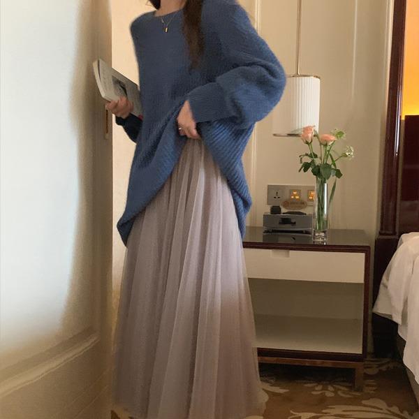 미미엘 허리밴딩 망사 A라인 롱스커트