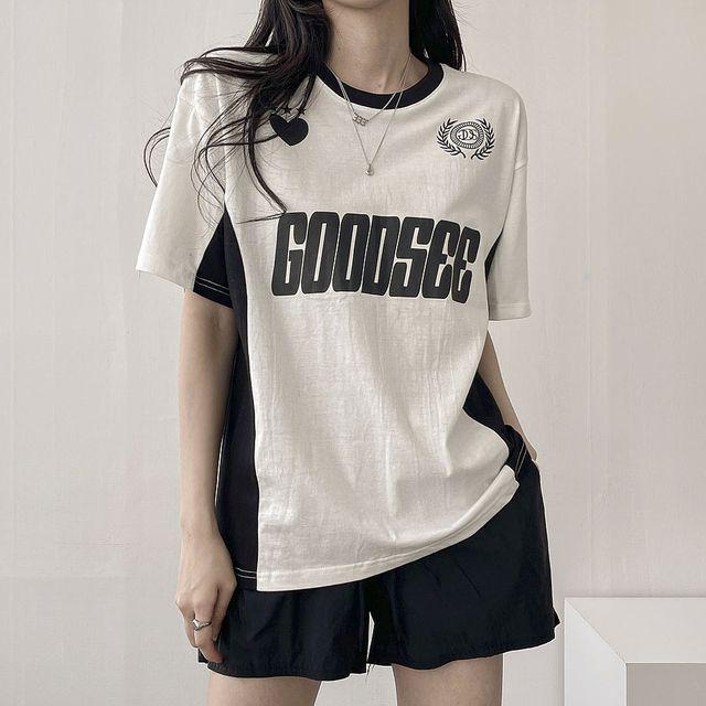 요즘유행, 배색 싸커 오버핏 블록코어룩 반팔 티셔츠 3color_디데이뉴