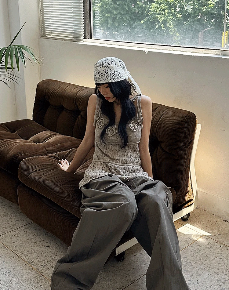 플라워 니트 슬리브리스