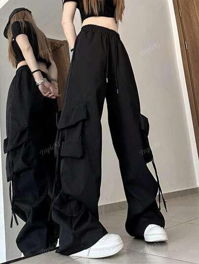 Women's Solid Color Drawstring Waist Cargo Pocket Casual Pants