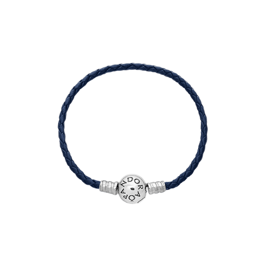 Pandora Moments Round Clasp Braided Leather Bracelet Blue Sterling Silver