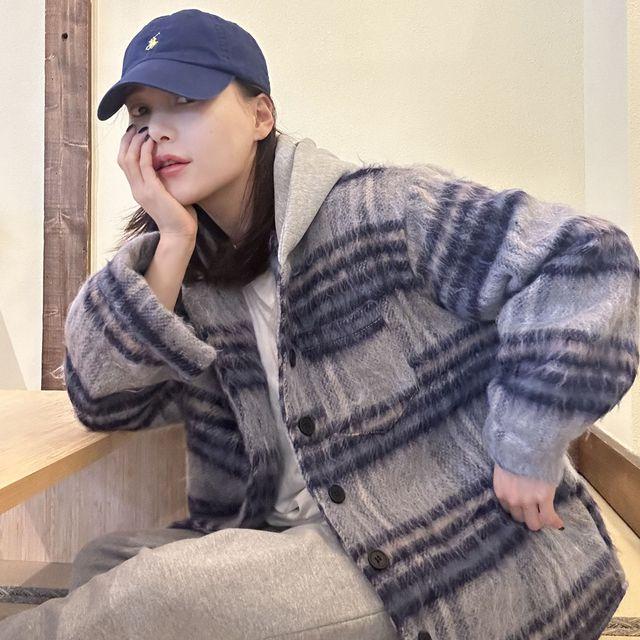 [도톰/러블리]모헤어 후드 겨울 체크남방 체크숏코트 체크셔츠 겨울셔츠 크리스마스 모직자켓 오버핏남방 겨울체크남방