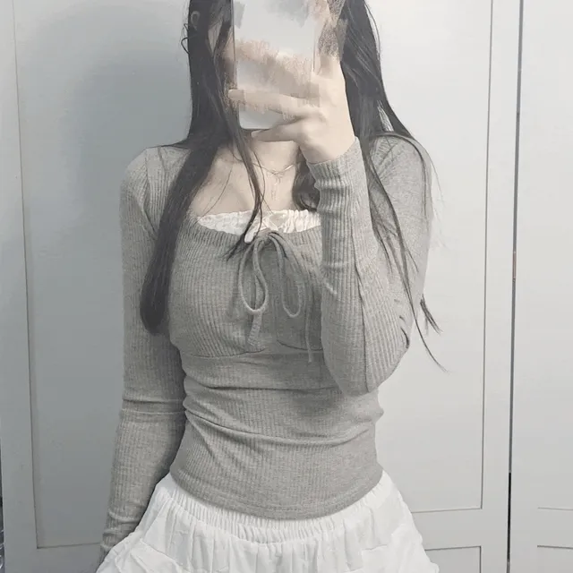 [당일발송]오트밀 셔링 티 긴팔티 스퀘어넥 러블리 발레코어 허리쏙 핀터레스트 레이어드