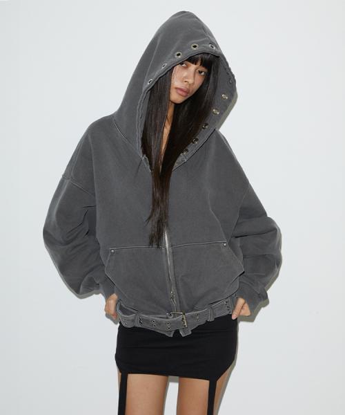 Eyelet Belt Hood Zip-up (CHARCOAL)