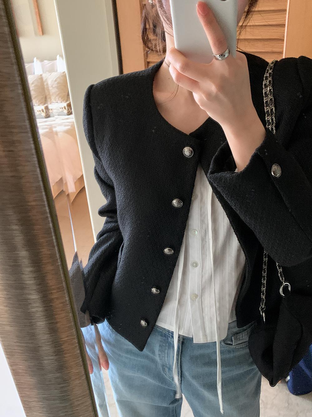 프렌치오브 [🌸봄신상][MADE]시그니처 노카라 하객룩 트위드 자켓 (2color)