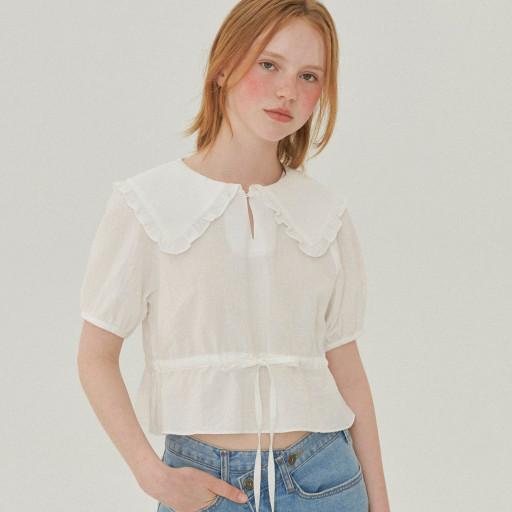 러플 카라 크롭 블라우스 [화이트/네이비]