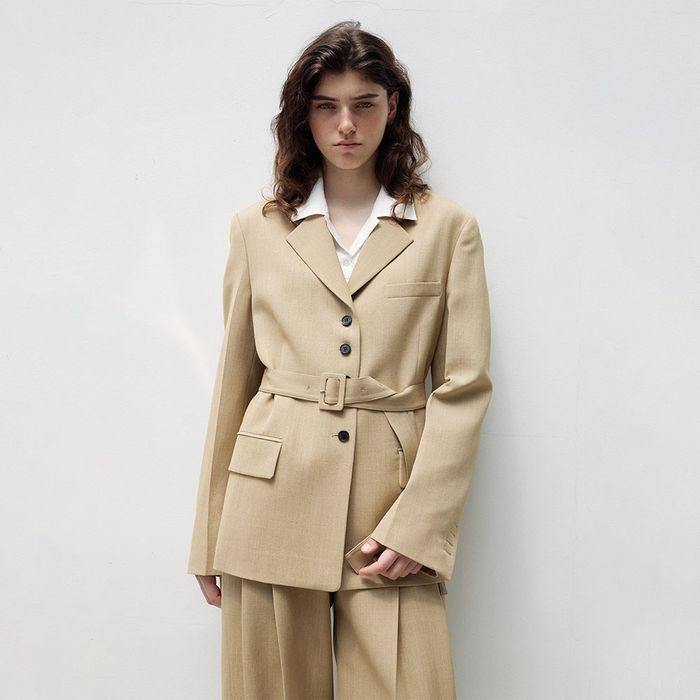 Single Belted Blazer, Beige