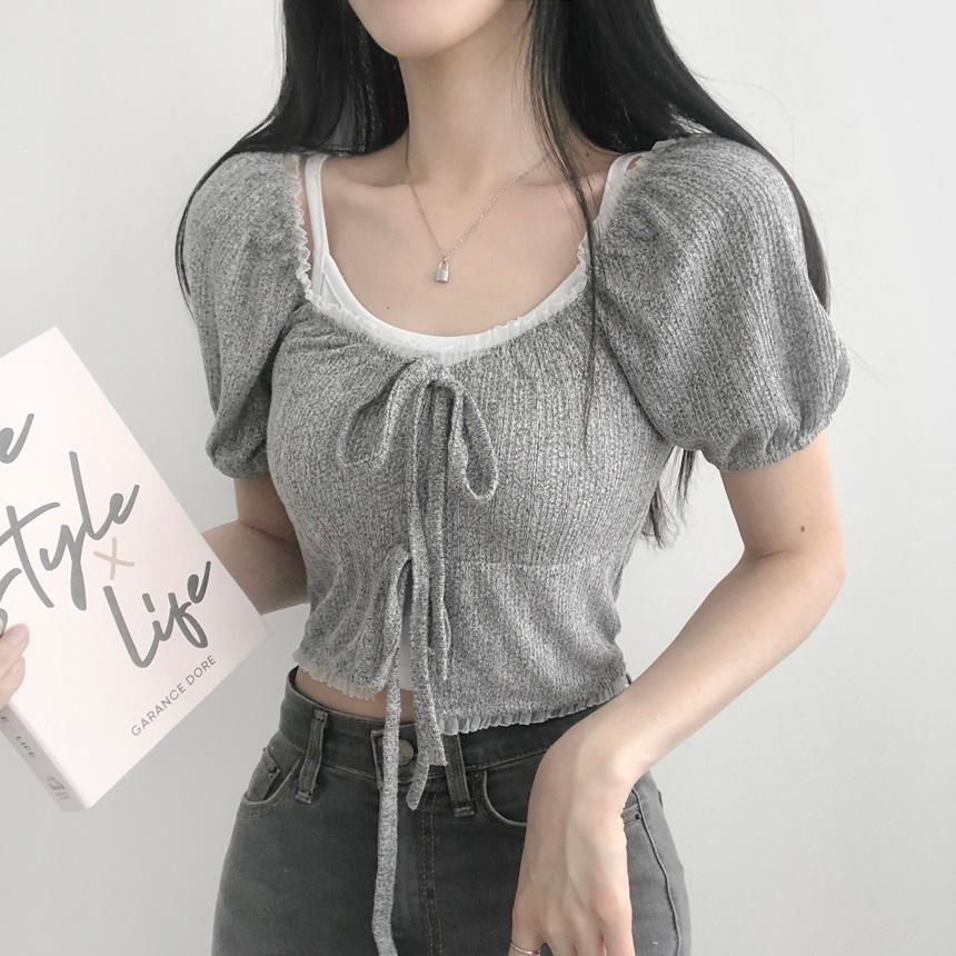 리리의감각 [세상여리여리] 투리본! 귀욤 퍼프 레이스 하트넥 크롭 반팔 티셔츠