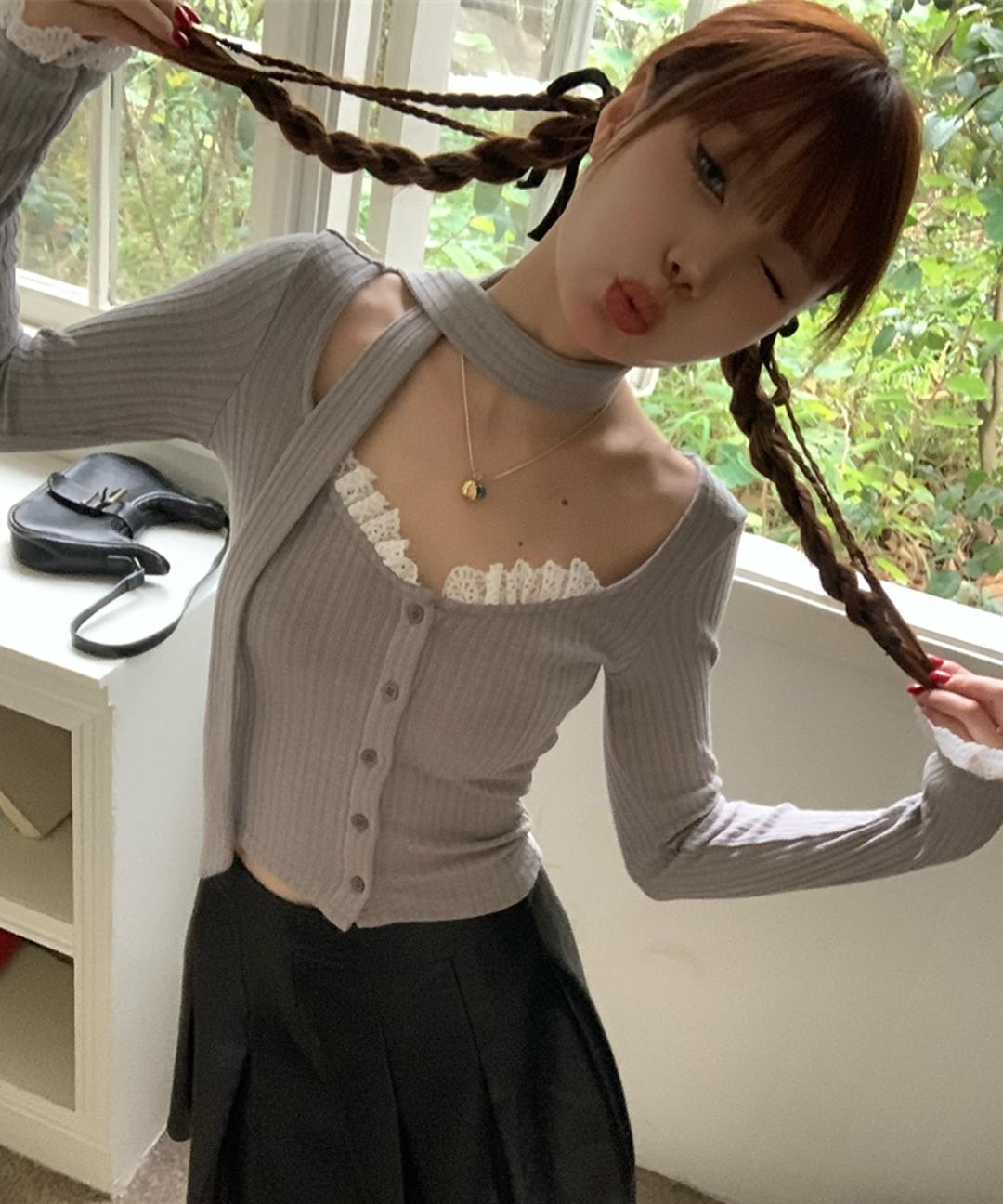 *봄신상* [2COLOR][머플러 SET] 레이스 포인트 유넥 하트넥 슬림핏 세미 크롭 긴팔 가디건 Z-SSC 3208