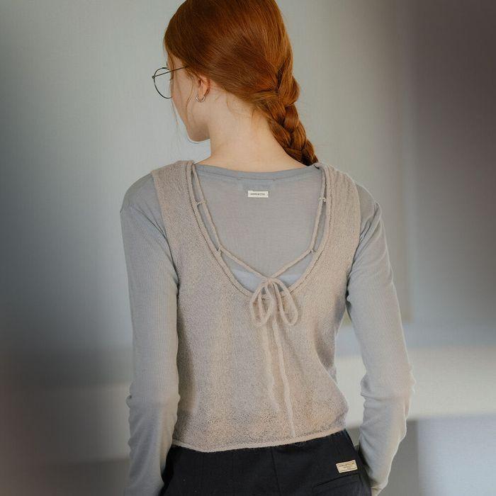 U-neck back ribbon knit vest_Gray