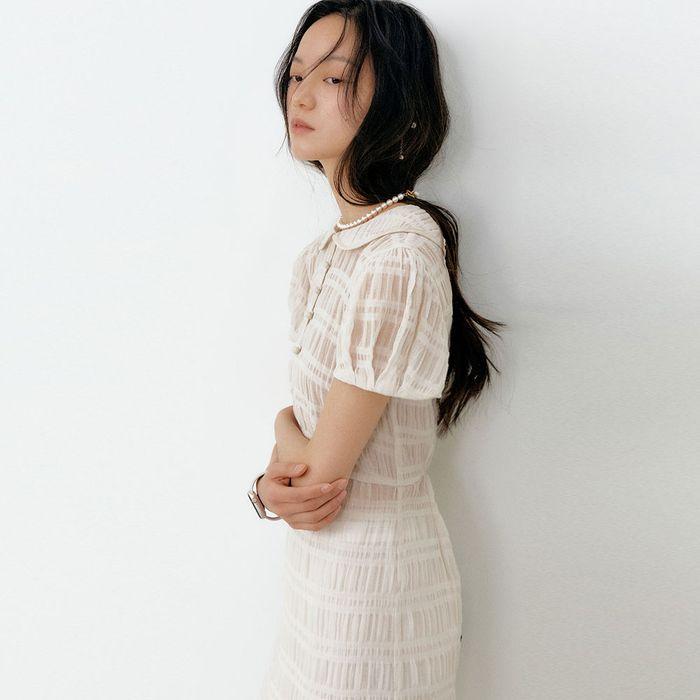 25 Spring_ Cream Jacquard Shirring Dress