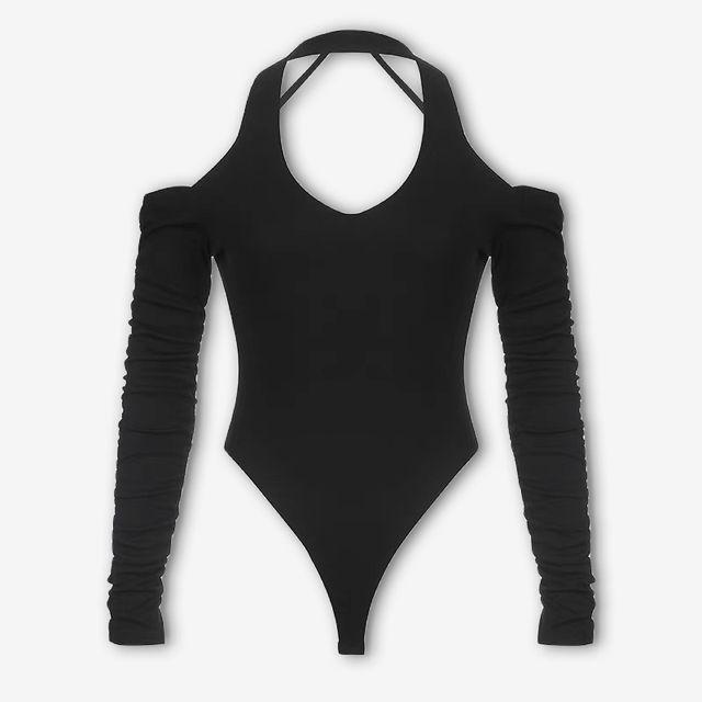 딥브이넥 트임 오프숄더 워머 셔링 바디수트