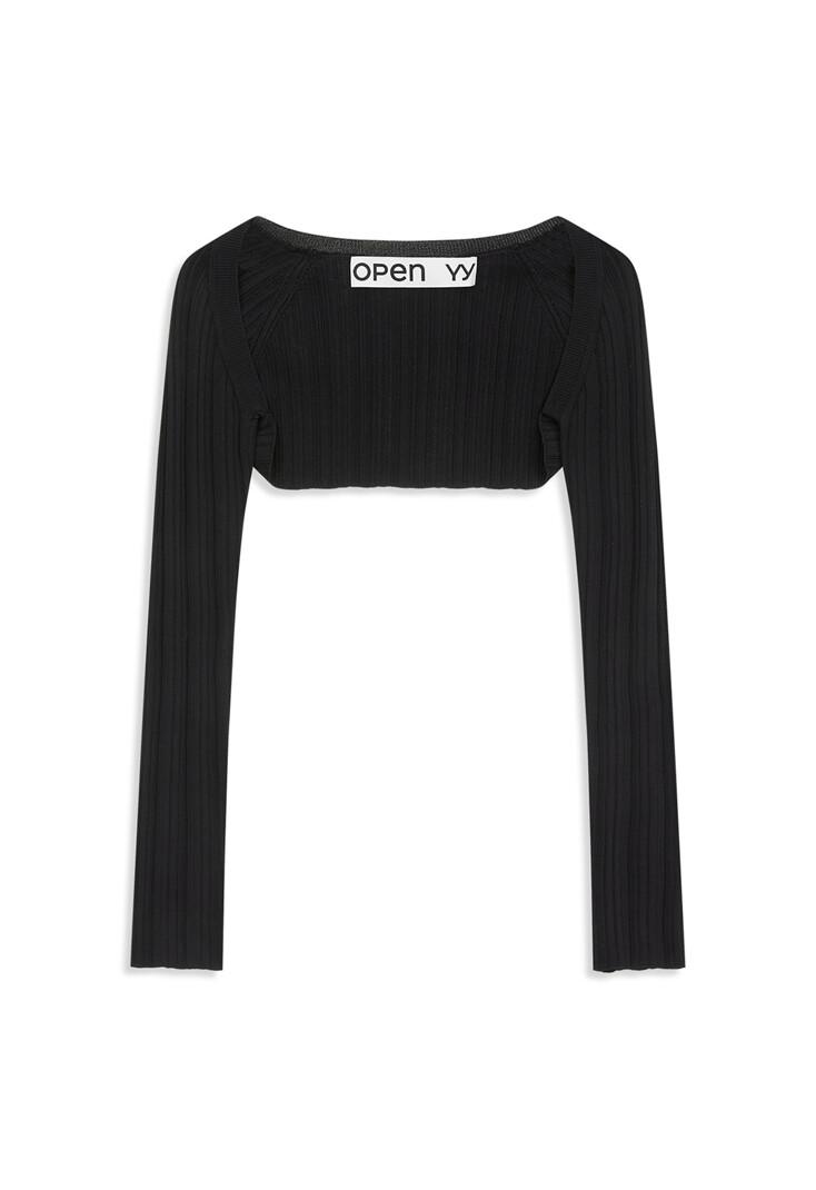PLEATED BOLERO CARDIGAN, BLACK