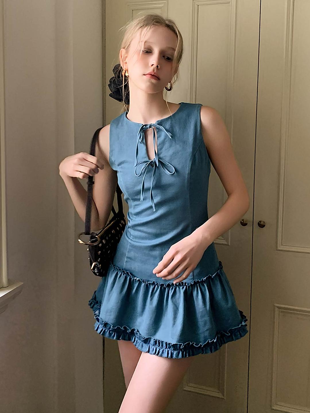 [UENA] Ocean Ribbon Denim Frill Dress
