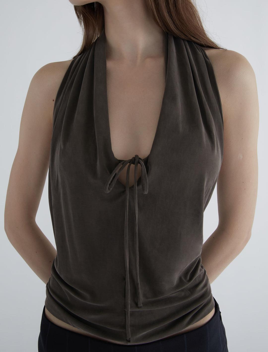 SAPITO-Dark brown slightly sheer halter top with front lacing