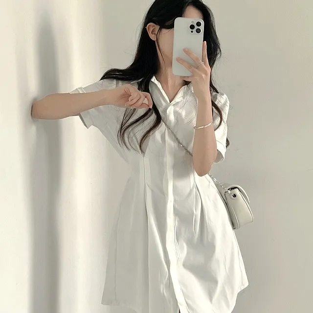 1+1할인[청순무드/여친룩] 뒷밴딩 셔츠 카라 원피스