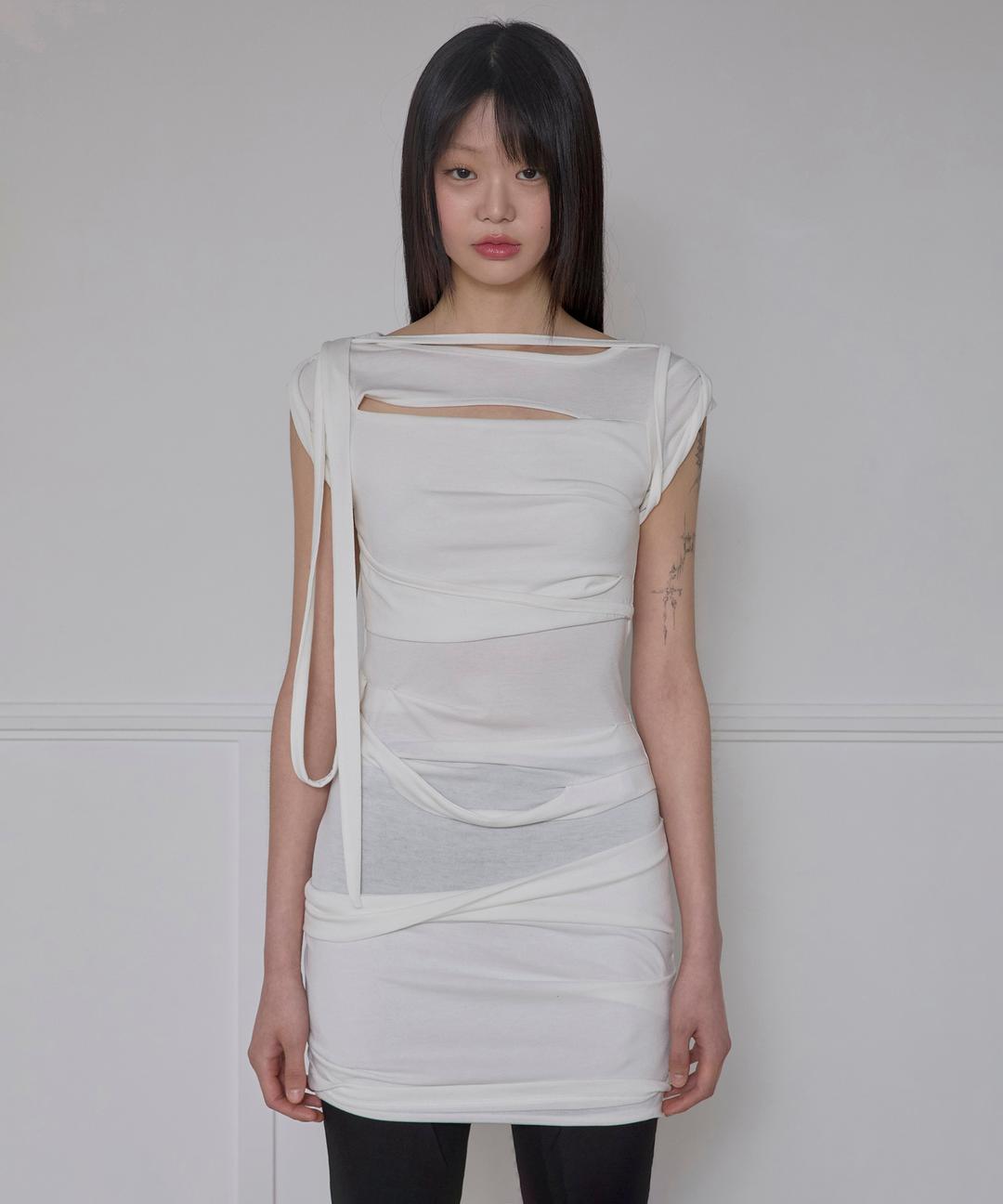 Asymmetrical Draped Strap Roll-Up Dress (FL-171_Cream)