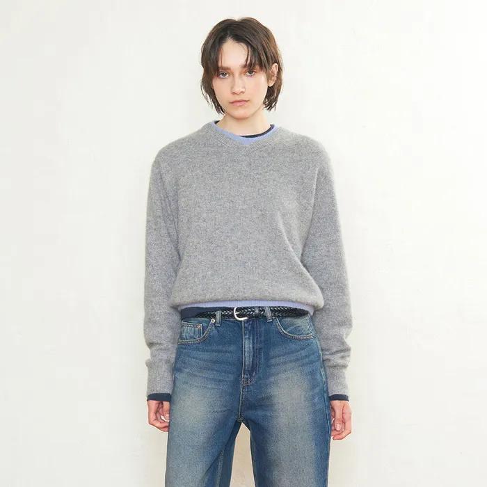 HAIRY WOOL BLEND LAYERED V-NECK SWEATER_MELANGE GREY_LC254KN09MG