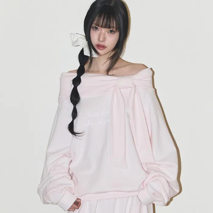 퓨어 보우 오프숄더 맨투맨 핑크