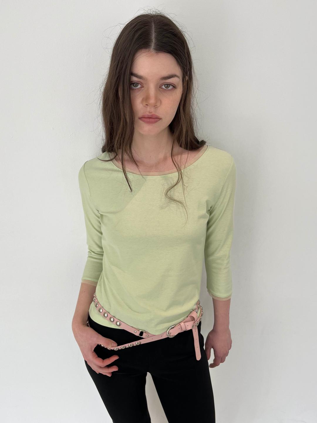 [*5/23 예약배송] Sheer Panel Boat Neck Top (Lime green)
