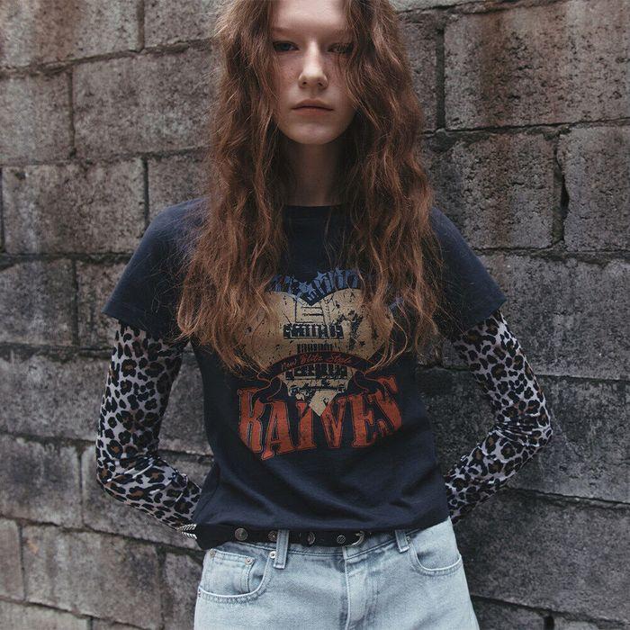 Leopard Heart Ravers Layered T-Shirt in Charcoal VW5SE512-9E