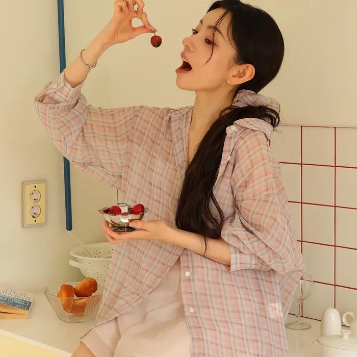 [지연착용][스크런치 SET] 플로우 체크 시어 셔츠 4Color