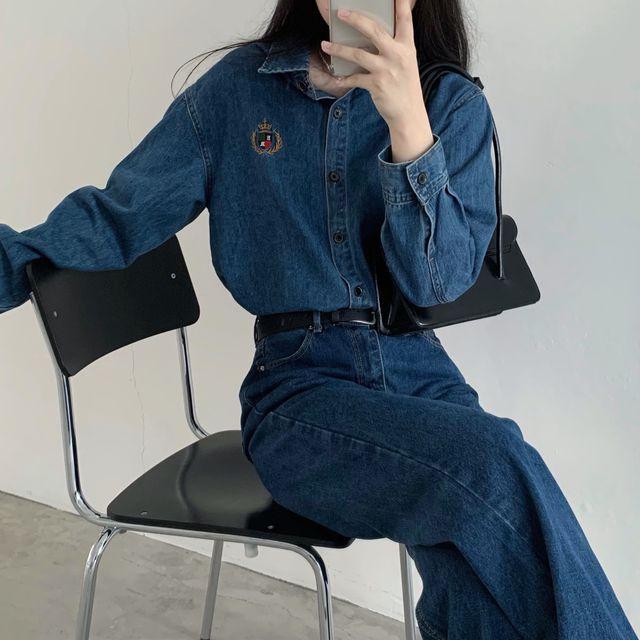 [코디세트추천]테오 루즈핏 자수 데님 셔츠_인더모어