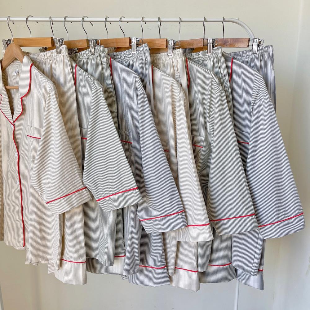 여름 잠옷 빅사이즈 스트라이프 7부 면 파자마 가을