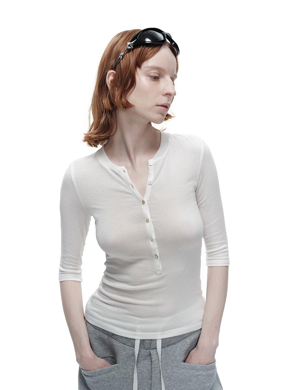 Henry collar tensel slim fit short-sleeved top