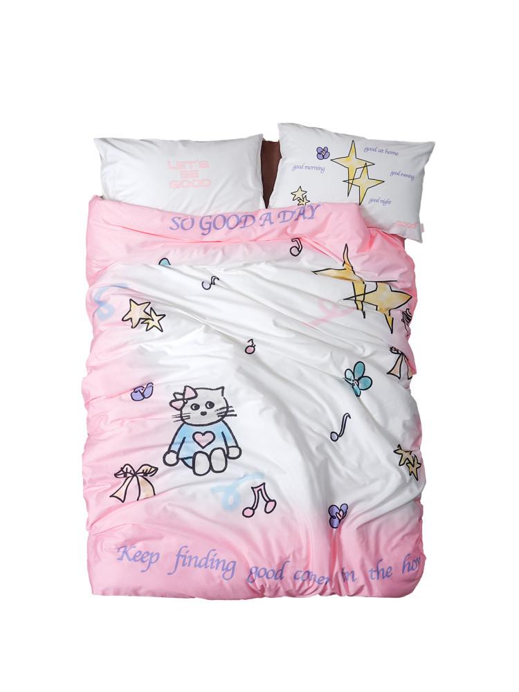 수심 Pink Meow Bedding 핑크 고양이 이불 베개 세트 키치 침구 커버 100수