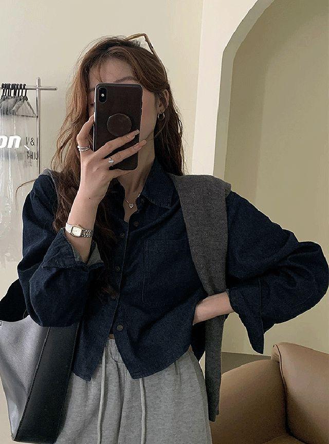 니어 크롭 데님 셔츠