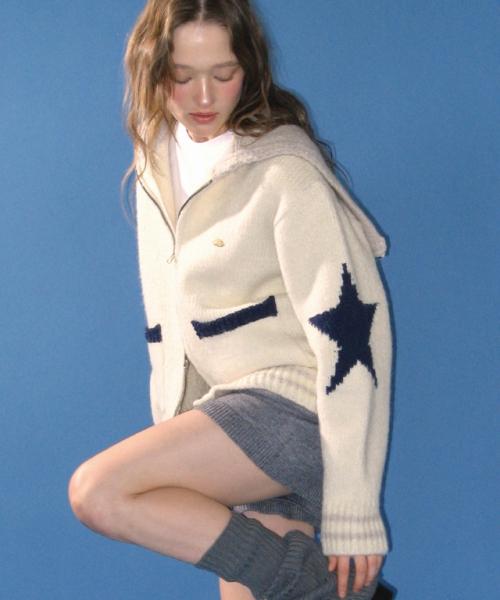 STAR HEAVY KNIT SAILOR ZIP UP CARDIGAN IVORY