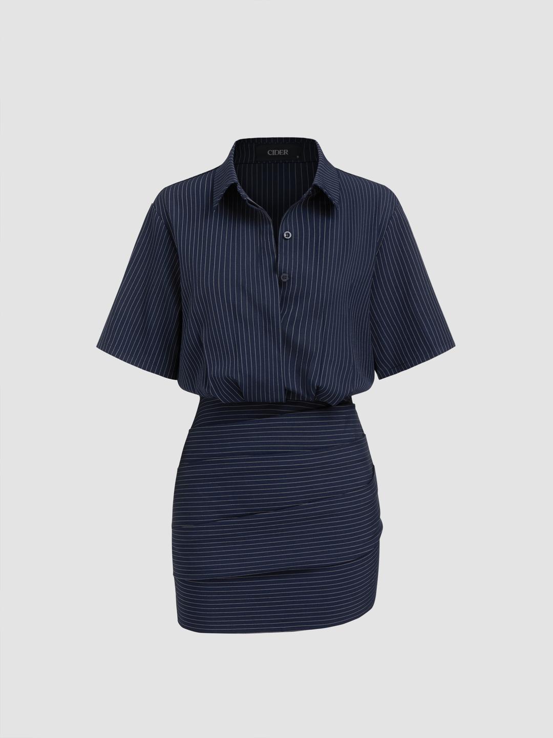 Collar Stripe Button Ruched Mini Shirt Dress
