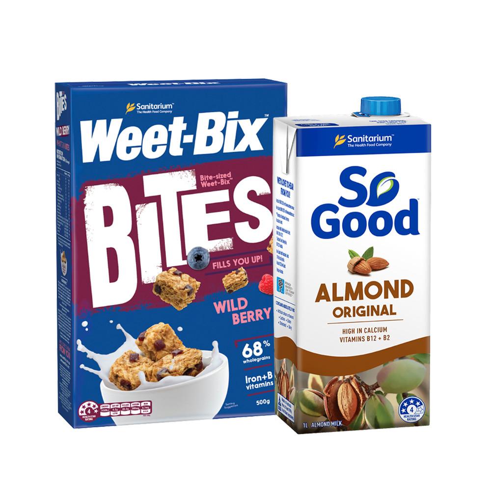 WEETBIX 위트빅스 바이트 와일드베리 500g 1개+아몬드 드링크 오리지널 1L 1개