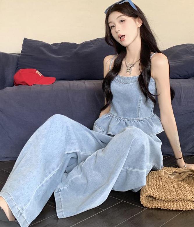 리즈고 데님 투피스룩 프릴 나시탑/루즈핏 하이웨스트 와이드 팬츠 코디세트