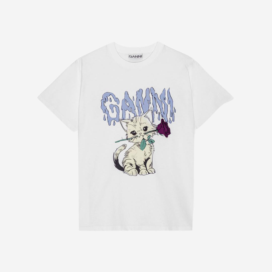 (W) Ganni Relaxed Cat T-Shirt Bright White