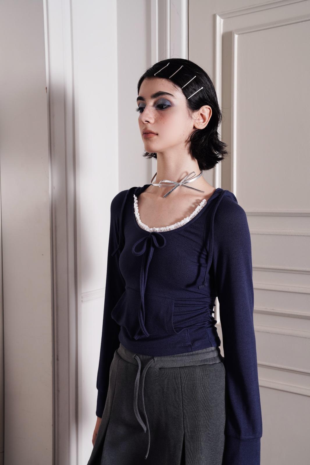 텐셀.울) lace trim hoodie-navy