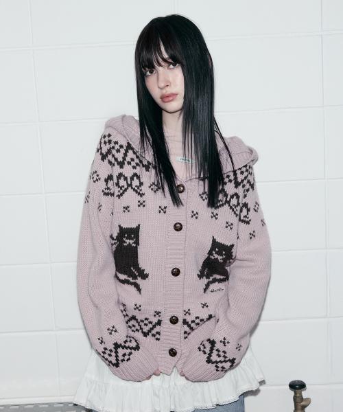 CAT JACQUARD HOODIE CARDIGAN PINK