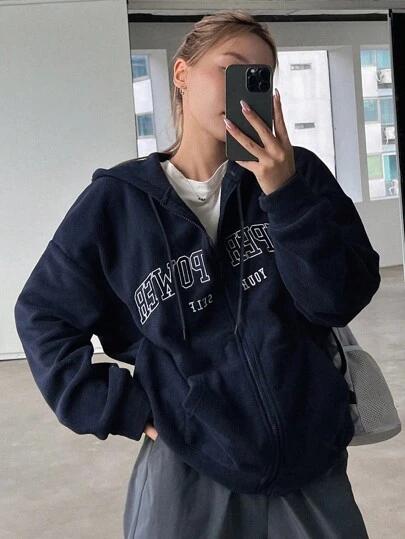 DAZY Letter Embroidery Drop Shoulder Zip Up Hoodie
